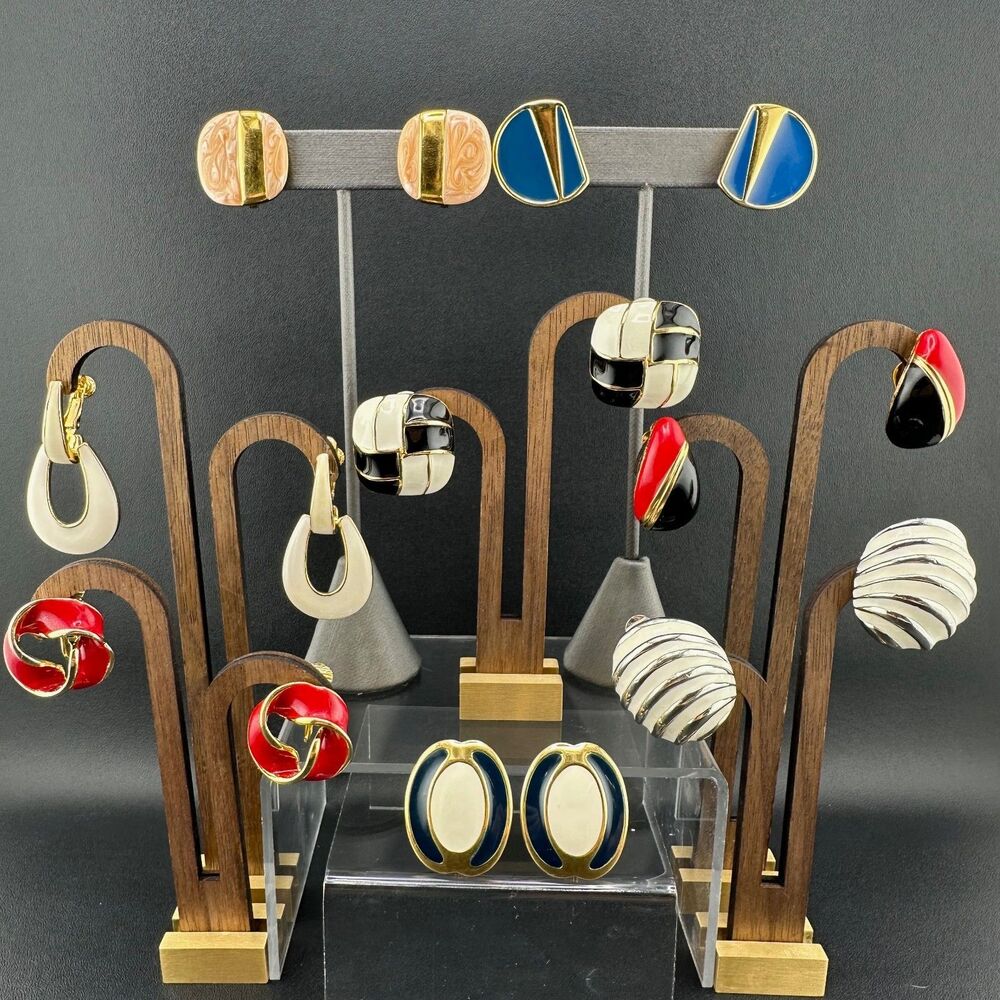 Vintage 80s 90s Enamel Clip On Earrings Lot Chunky Costume Monet Goldette ++